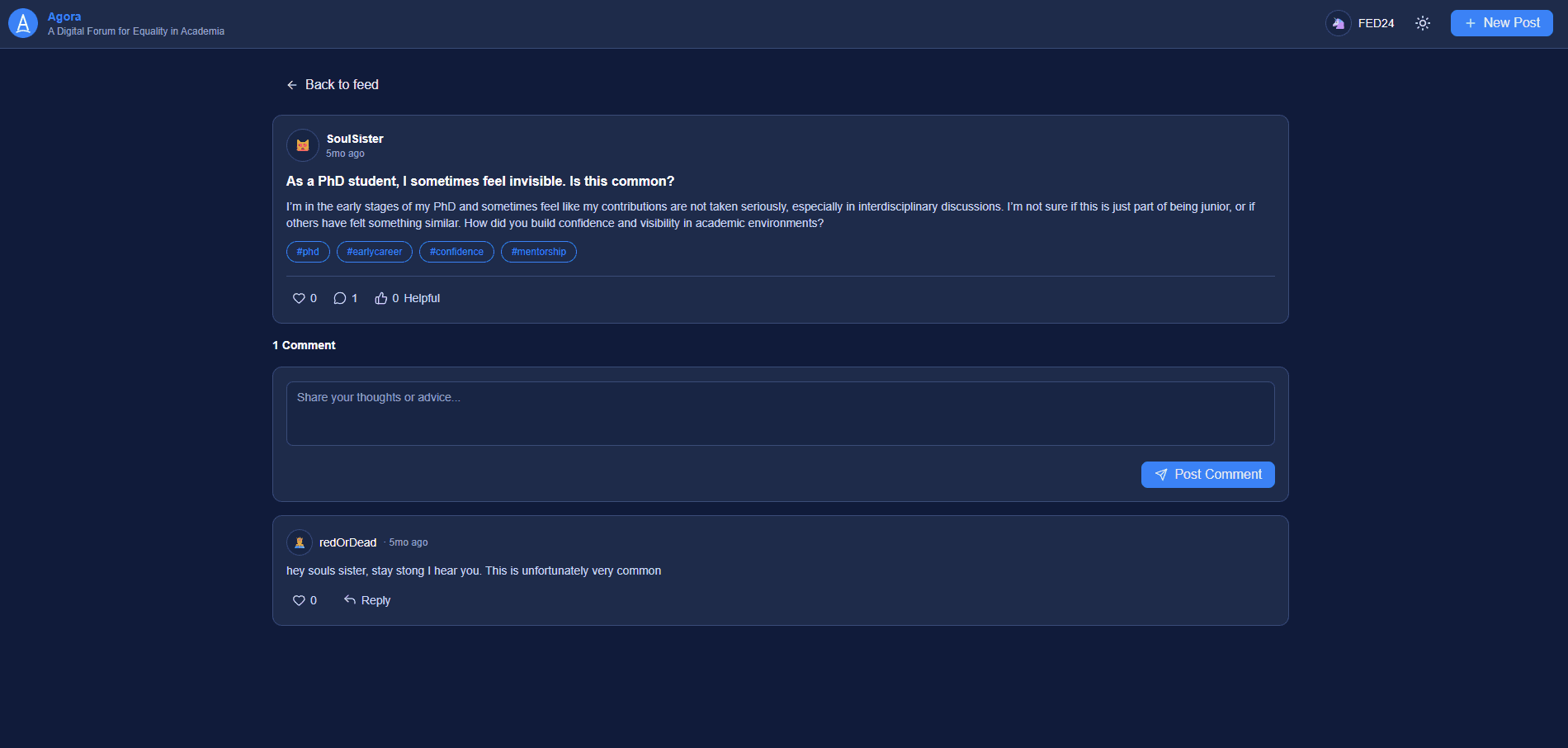 Agora discussion and comments page