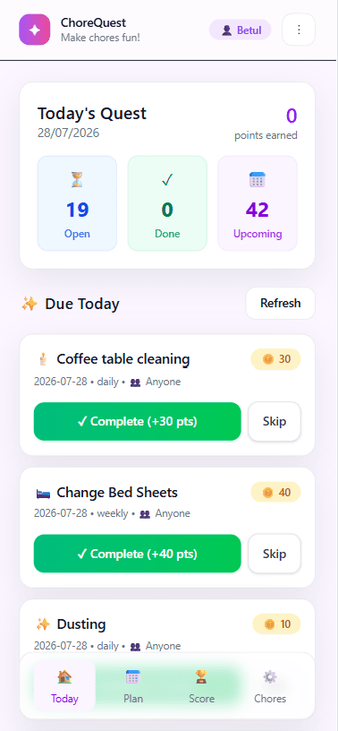 ChoreQuest daily quest screen