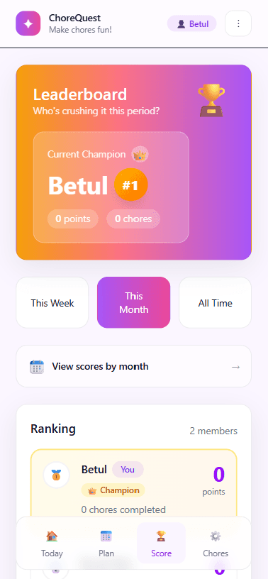 ChoreQuest leaderboard screen