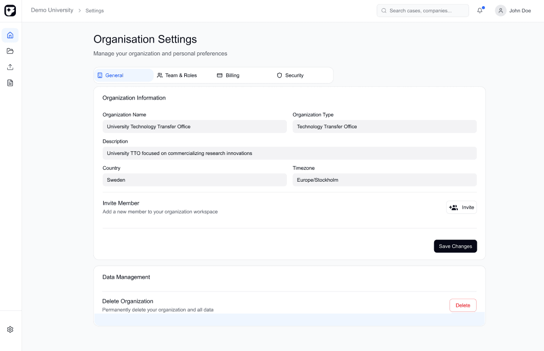 Framsteg organisation general settings