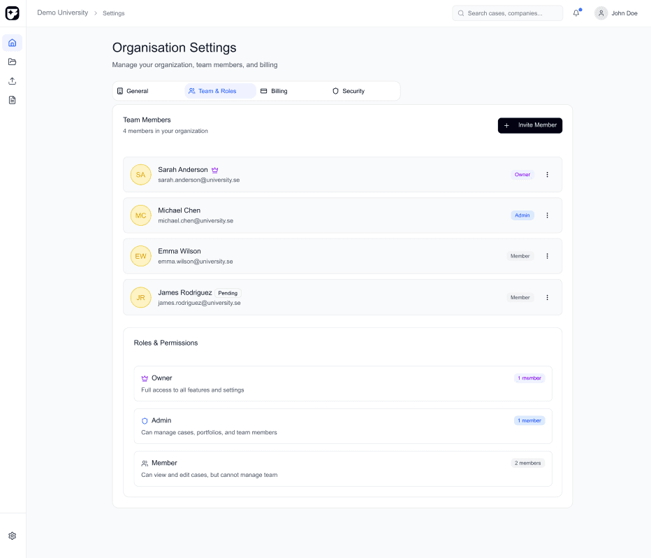 Framsteg team and role management settings