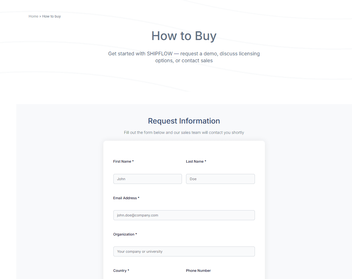 SHIPFLOW request information form