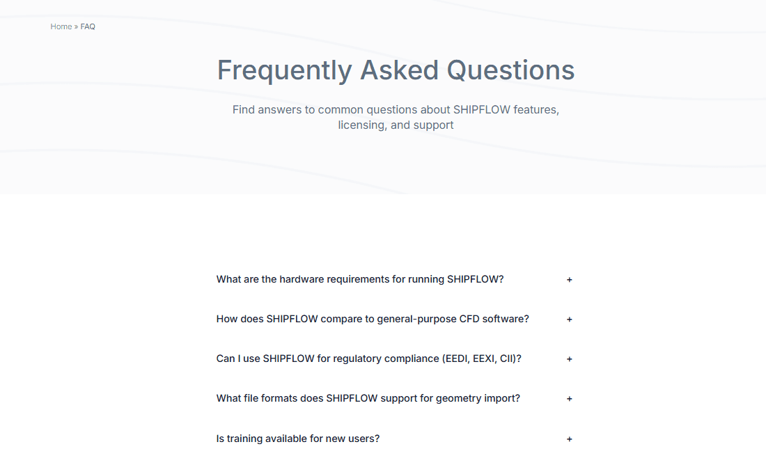 SHIPFLOW FAQ page with breadcrumb navigation and accordion controls